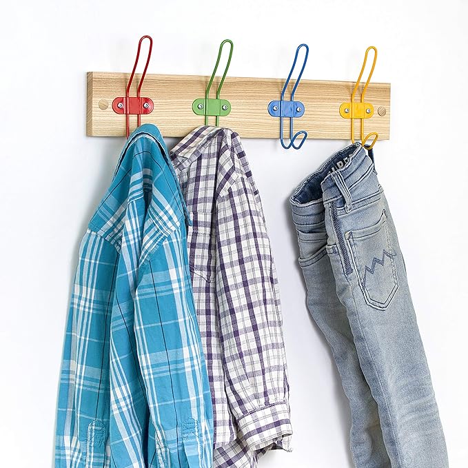 Kids Coat Hook Rack for Boys and Girls for Jackets Clothes Hats Backpacks Robes and Towels - Kids Hanger for Use in Nursery Bedroom and Bathroom - Colorful Wire Hooks and Lacquer Rail
