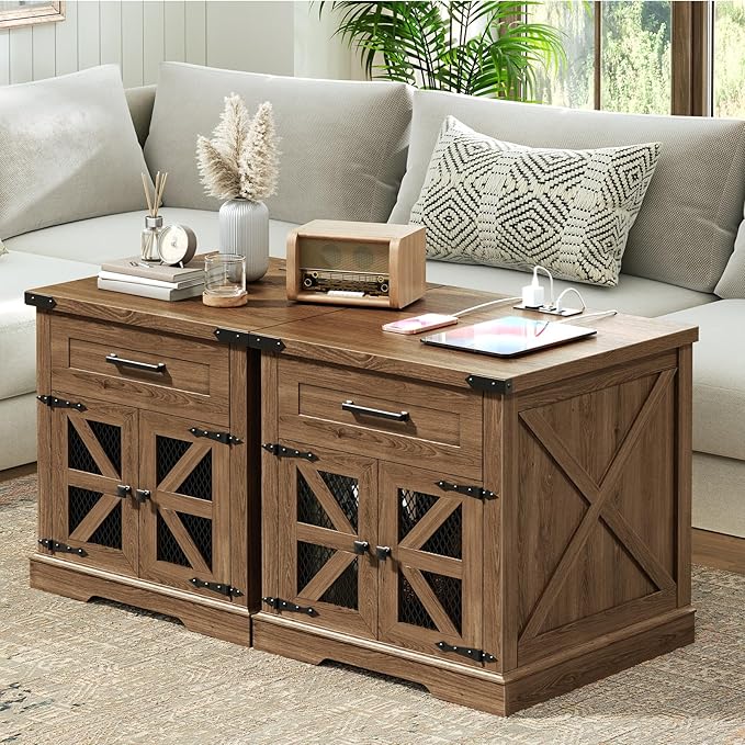 Farmhouse End Table Set of 2, 24" Large Sofa Side Table with Drawer, Large End Table for Living Room, Wooden Nightstand with Charging Station, Square, Walnut