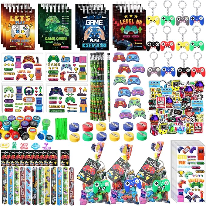 251 Pcs Video Game Party Favors Set Includes Gift Bags Pencils Notebook Sharpener Slap Bracelets Rings Keychains Tattoo Gaming Stickers Stamper Gamer Party Favors for Kids Gamer Birthday