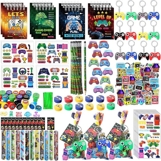 251 Pcs Video Game Party Favors Set Includes Gift Bags Pencils Notebook Sharpener Slap Bracelets Rings Keychains Tattoo Gaming Stickers Stamper Gamer Party Favors for Kids Gamer Birthday
