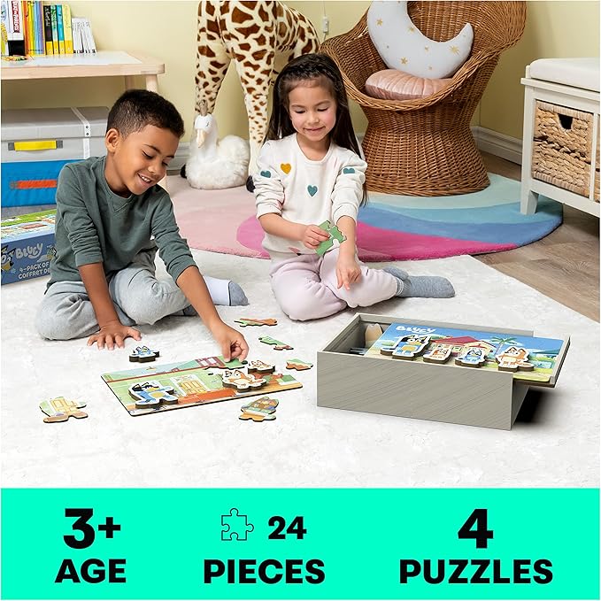 Bluey 4-Pack of Wooden 24-Piece Puzzles with Interchangeable Pieces | Bluey Birthday Party Supplies | Bluey Party Favors | Bluey Toys for Kids Ages 3+