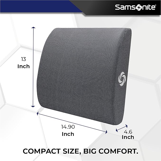 Samsonite Ergonomic Lumbar Pillow for Office Chair and Car Seat - Memory Foam Back Support Lumbar Pillow, Premium Cushion Chair Support for Lower Back Pain Relief and Versatile Use (Dark Grey)