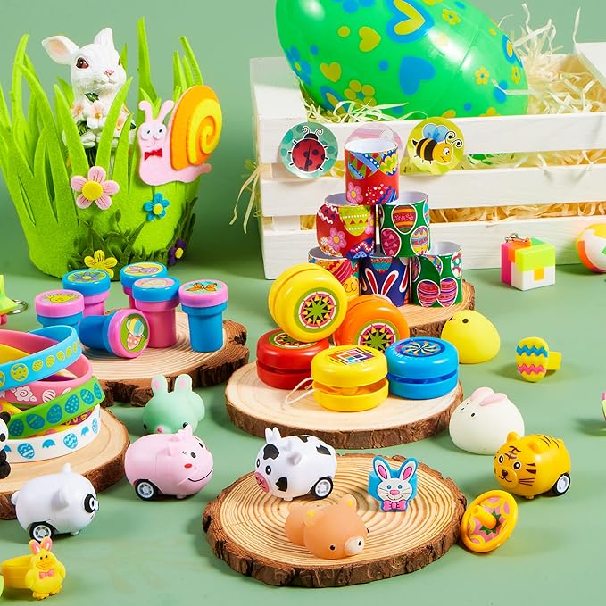 JOYIN 72Pcs Easter Party Favors Set, Sticky Hands, Stampers, Bracelets, Keychains, Rings, Sticker for Easter Basket Stuffers, Easter Goodie Bag Fillers, Classroom Prize Supplies, Easter Egg Toy