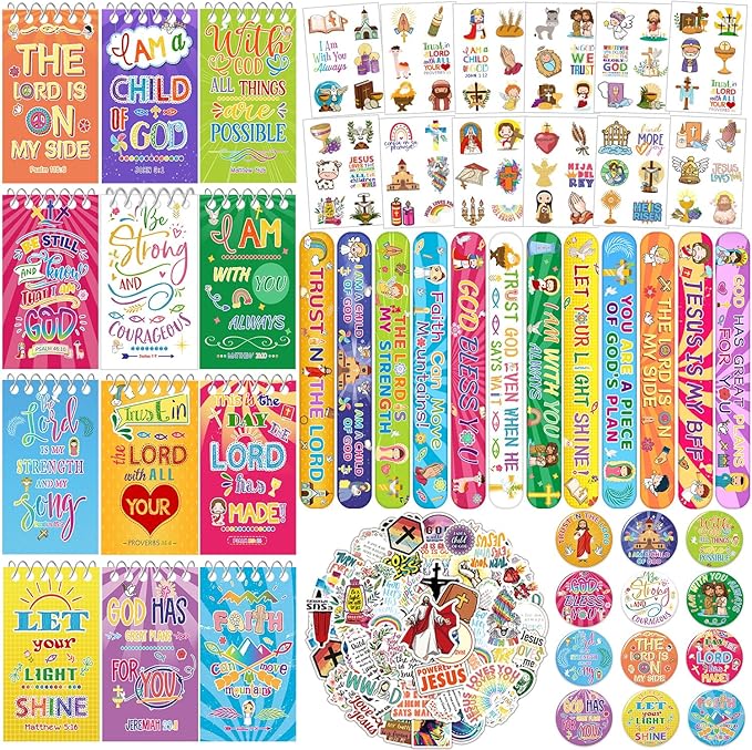 98PCS Christian Gifts Bible Religious Party Favors, Jesus Love You Religious Bracelets, Mini Religious Notebooks, Bible Stickers, Christian Button Pins and Verses Temporary Tattoos for Kids Adults