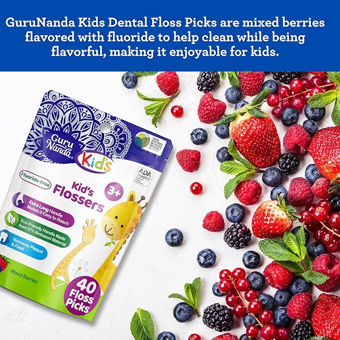GuruNanda Dental Floss Picks for Kids, Extra-Long Giraffe-Shaped Picks, Fluoride-Free, Anti-Slip & Shred-Resistant Design & Eco-Friendly Handle & Berry Flavor, Ideal for Ages 3+, 40 Count (Pack of 1)