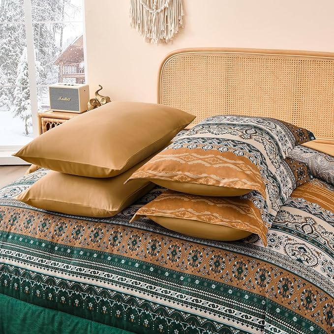 Cottolester Boho Comforter Set King Size,8 Pieces Brown and Green Bohemian Striped Bed in a Bag,Paisley Soft Microfiber Bedding Comforter Set