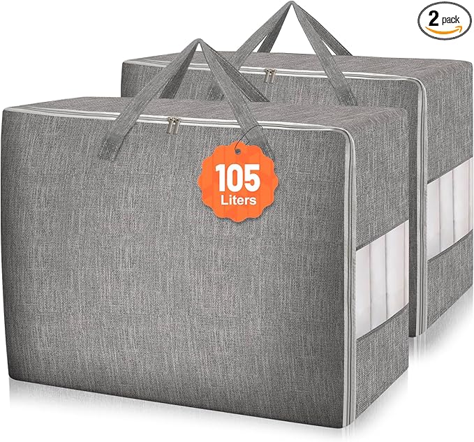 2 Pack 105L Comforter Storage Bags, Extra Large Bedding Storage Bags with Clear Window, Reinforced Handles & Zippers, Foldable Closet Organizers for Blanket Pillow Clothes