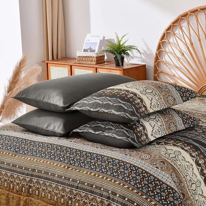 Cottolester Boho King Comforter Set 8 Pieces,Brown Black Bohemian Comforter Paisley Striped Bed in A Bag,Soft Microfiber Bedding Set for All Season