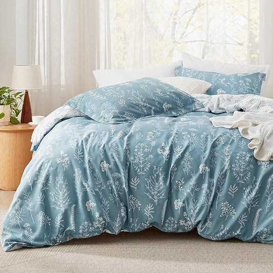 Bedsure Queen Comforter Set - Mineral Blue Bed Set, 3 Pieces Cute Floral Bedding, 1 Soft Reversible Botanical Flowers Comforter and 2 Pillow Shams