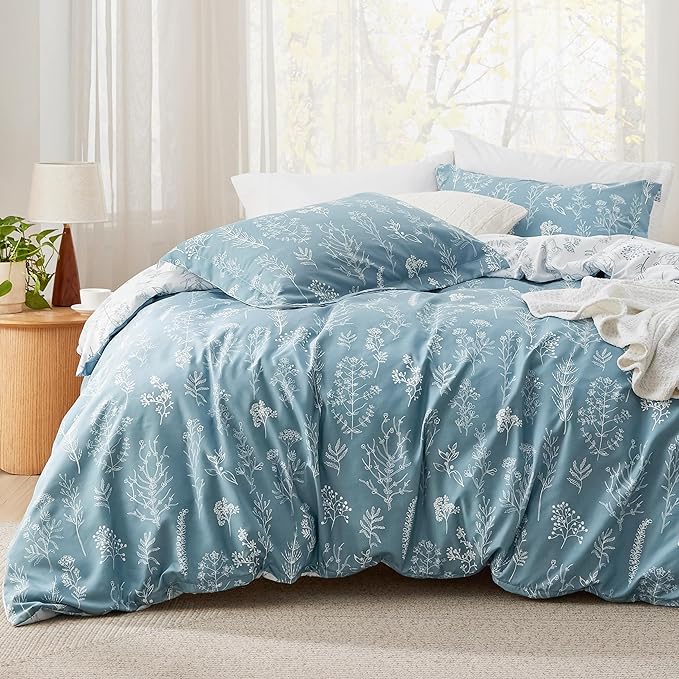 Bedsure King Comforter Set - Mineral Blue Bed Set, 3 Pieces Cute Floral Bedding, 1 Soft Reversible Botanical Flowers Comforter and 2 Pillow Shams