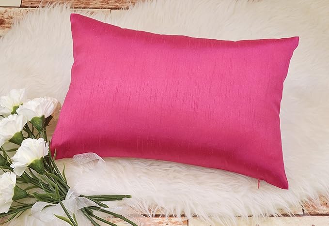 Aiking Home 12x18 Inches Faux Silk Rectangular Throw Pillow Cover, Zipper Closure, Hot Pink (Set of 2)