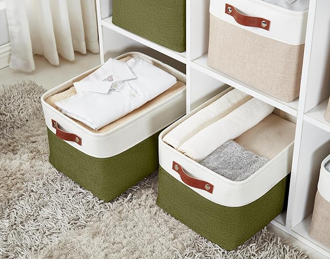 DECOMOMO Fabric Storage Bins - Storage Baskets for Shelves, Linen Closet Organization (Olive Green & White, Large - 3 Pack)