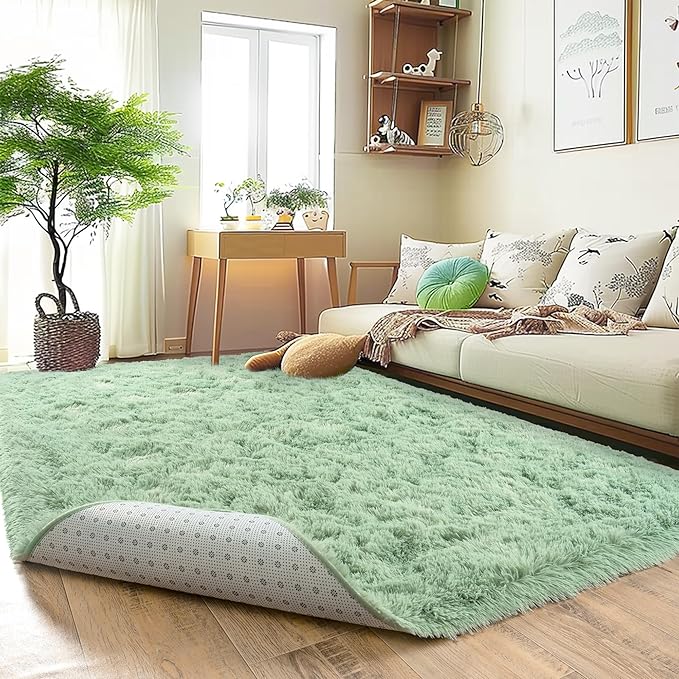 Xexsin Ultra Fluffy Area Rugs for Living Room Bedroom, 6x9 Fuzzy Large Living Room Rugs, Thick Shag Rug for Dorm, Soft Non Slip Kids Girls Boys Rug for Home Decor Aesthetic, Sage Green