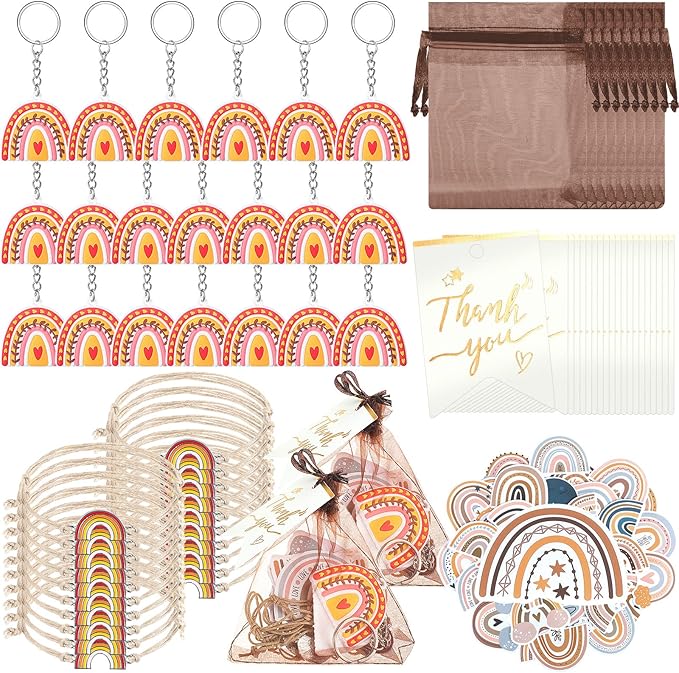 130 Pcs Rainbow Party Favors Including 20 Bohemia Bracelet 20 Rainbow Keychains 50 Rainbow Stickers 20 Organza Bags 20 Thank You Tags for Rainbow Baby Shower Party Decorations