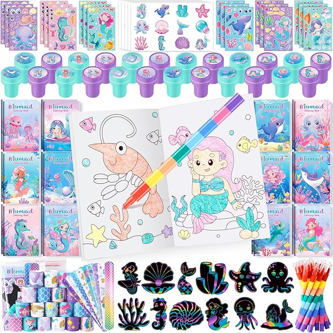 BenLouis 96Pcs Mermaid Party Favors Little Mermaid Coloring Books Crayon Stickers Set Bulk for Kids Mermaid Birthday Decor Baby Shower Candy Goodie Bag Stuffer Classroom Rewards Pinata Supplies