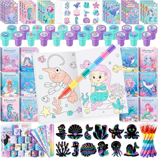 BenLouis 192Pcs Mermaid Party Favors Little Mermaid Coloring Books Crayon Stickers Set Bulk for Kids Mermaid Birthday Decor Baby Shower Candy Goodie Bag Stuffer Classroom Rewards Pinata Supplies