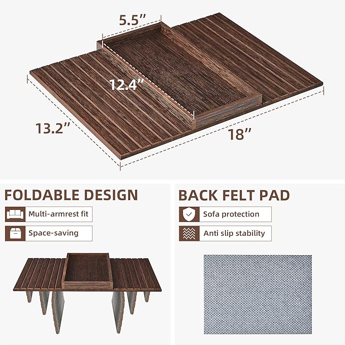Couch Arm Tray, Anti-Falling Bamboo Sofa Armrest Tray Table, Foldable & Portable Armrest Cup Holder Side Table for Drinks, Coffee, Phone, Snacks, Remote