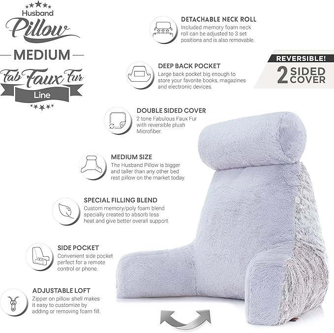 Husband Pillow Medium Rare Baby Arctic Grey Wolf Backrest, 2-Tone Reversible Double Sided Fabulous Faux Fur Reading & Bed Rest Pillow with Arms & Neck Roll, Adjustable Memory Foam - Extremely Comfy