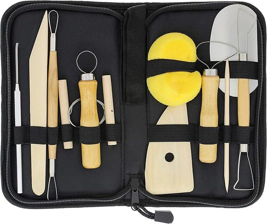 US Art Supply 12-Piece Pottery and Clay and Sculpting Tools Set with Canvas Zippered Case