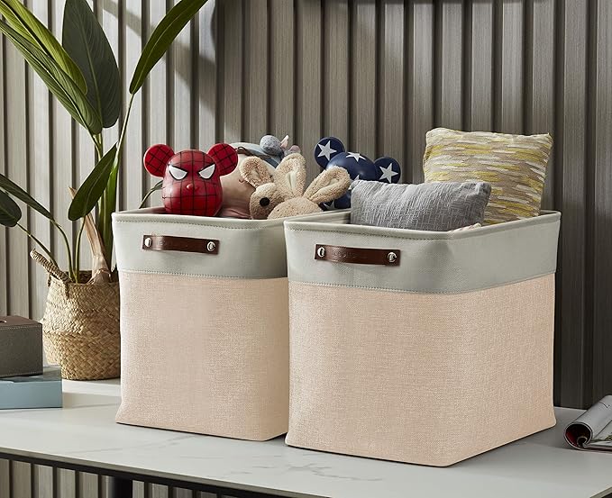 DECOMOMO Extra Large Storage Baskets, 54.5L Fabric Storage Bins for Organizing Linen Closet, Nursery (Khaki & White, XXXL - 3 pack)