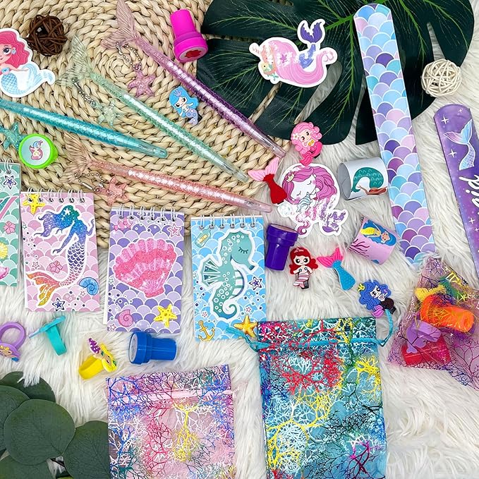 132 Pcs Mermaid Party Favors, Mermaid Birthday Party Favorsfor Kids with Mini Notebooks Pens Slap Bracelets Rings Hairpin Stampers Stickers Bags for Girls Mermaid Birthday Party Decorations Supplies