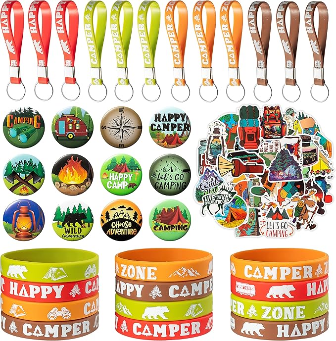 ANGOLIO 84Pcs Spring Camping Party Favors Kit Happy Camper Party Gifts Silicone Bracelets Stickers Keychains Badges for Kids Friends Summer School Camping Adventure Birthday Supplies