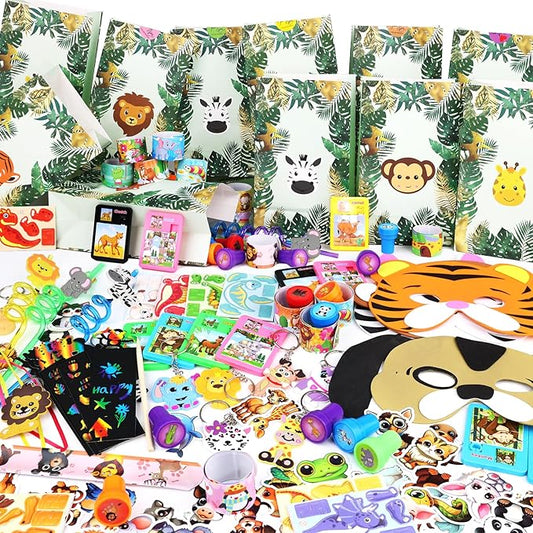158PCS Jungle Safari Party Favors Set – Wild Animals Goodie Bag Stuffers, Masks, Straws, Stamps, Keychains, Gift Bags, Assembly Toys for Kids Birthday Party, Boys & Girls Party Favors