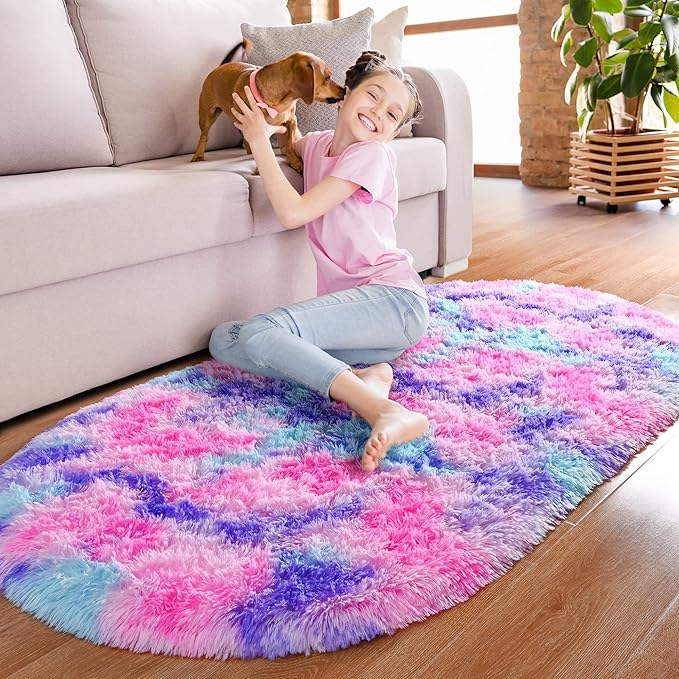 Noahas Oval Fluffy Hot Pink Rainbow Rug 2.6X5.3 Small Kids Rugs for Bedroom Girls Aesthetic,Bedside Bedroom Rug,Ultra Soft Runner Carpet Modern Shaggy Nursery Area Rugs Home Decor