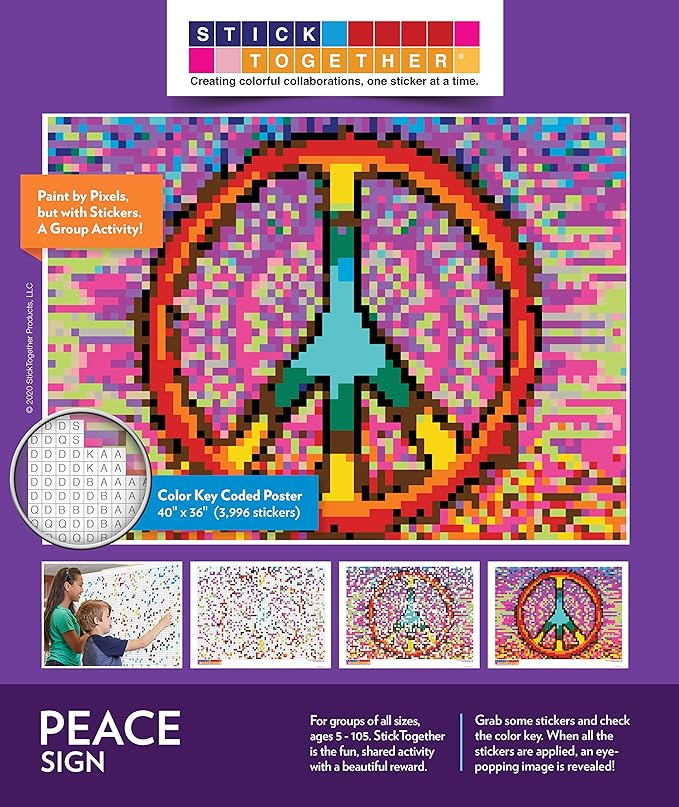 Huge Mosaic Puzzle Poster Kits | Group Project | No Mess Paint by Sticker | Stay at Home Activity | Classroom | One Sticker at a Time! | Large Peace Sign | Learning Fun | 40” X 36” Giant Poster