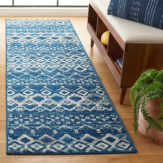 SAFAVIEH Amsterdam Collection Runner Rug - 2'3" x 10', Navy & Beige, Moroccan Boho Design, Non-Shedding & Easy Care, Ideal for High Traffic Areas in Living Room, Bedroom (AMS108N)