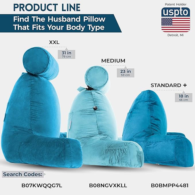 Husband Pillow Medium Aspen Edition Rodeo Blue, Sit Up Reading & Bed Rest with Arms, Ultra-Comfy, Detach Neck Roll - Premium Shredded Memory Foam Backrest, Reverses to Micro: Suede or Plush