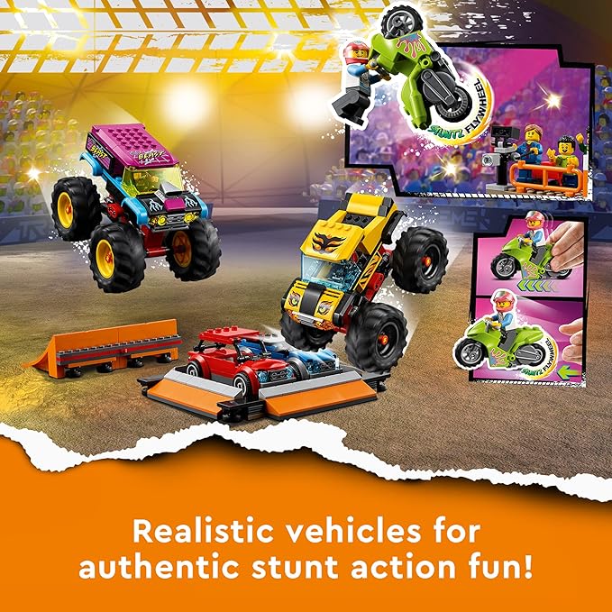 LEGO City Stunt Show Arena 60295 Building Toy Set with 2 Monster Trucks, 2 Collapsible Cars, a Flywheel-Powered Stunt Bike, Launch Ramps, Ring of fire and 6 Minifigures