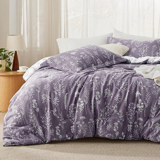 Bedsure Full Comforter Set - Grayish Purple Bed Set, 3 Pieces Cute Floral Bedding, 1 Soft Reversible Botanical Flowers Comforter and 2 Pillow Shams