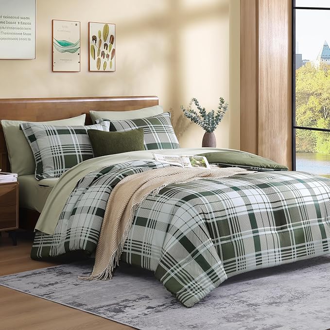 MaiRêve Olive Green Twin XL Comforter Set, Twin XL Bedding Sets for Boys Girls 5 Pieces for Dorm Farmhouse All Season Lightweight &Comfy with Fitted Sheet, Flat Sheet (Olive Green, 66"x90")