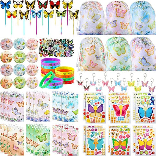 140 Pcs Butterfly Party Favors Spring Butterfly Birthday Party Supplies Include Mini Notebook Pen Keychain Bracelet Drawstring Bag Sticker Fairy Party Favor for Birthday Party Supply