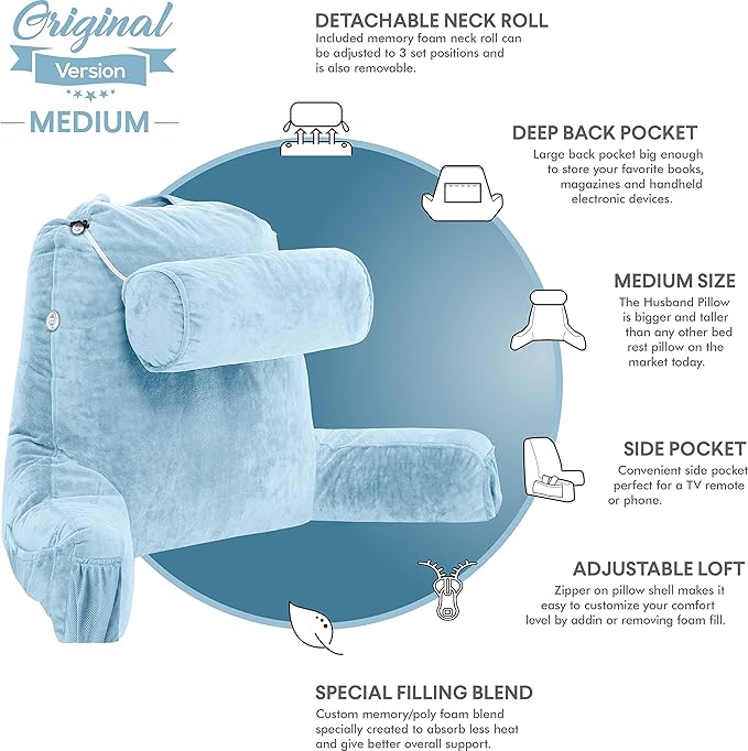 Husband Pillow Medium Sky Blue, Backrest for Kids, Teens, Petite Adults - Reading Pillows with Arms, Adjustable Loft, Plush Memory Foam, Bed Rest Chair Sitting Up, Detach Neck Roll, Removable Cover