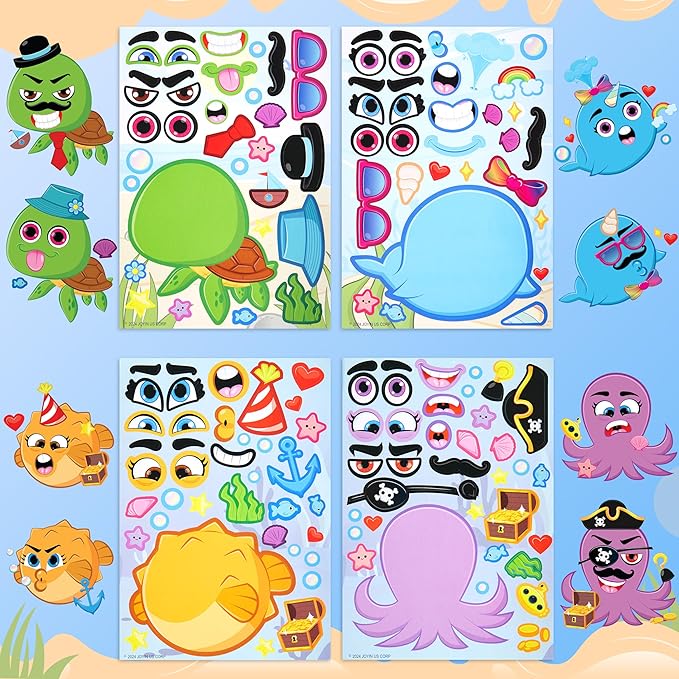 JOYIN 36 Pcs 9"x6" Sea Animals Make a face Stickers for Kids, Make Your Own Ocean Animals Sticker Sheets, Party Favors Kids Crafts, Goodie Bags Stuffers, Classroom Rewards