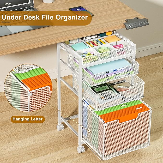 Rolling File Cart with 3 Storage Drawers, Under Desk Filing Cabinet with DIY Divider, Hanging File Folder Organizer on Wheels, Fits A4/Letter Size, Metal Utility Cart for Home Office, White