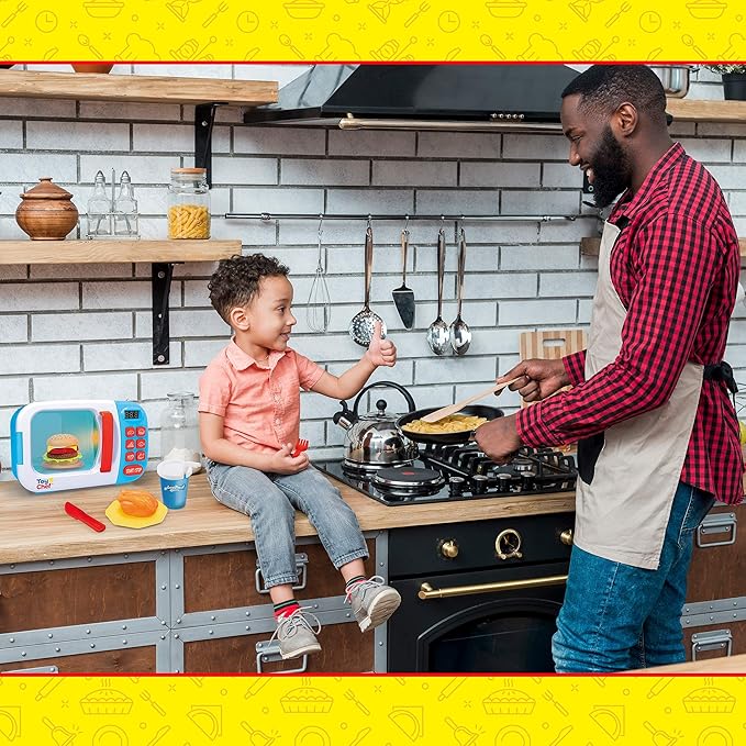 Kids Microwave Oven Toy, Pretend Play Kitchen, Electronic Bright Colored Microwave with Lights and Toy Food