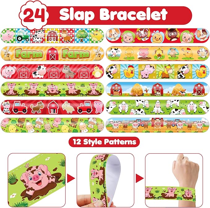 48PCS Farm Animal Party Favors - 24PCS Tattoos & 24PCS Slap Bracelets - Barnyard Birthday Supplies, Cow & Tractor Decorations, Gifts for Girls & Boys