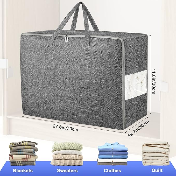 2Pack 105L Extra Large Storage Bags, Folding Comforter Blanket Storage Bags Closet Organizers and Storage Containers with Strong Handles&Zippers Clear Window for Clothes Bedding Pillow, Black