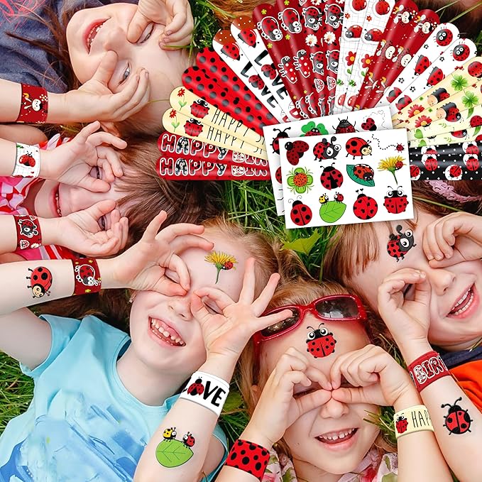48 PCS Ladybug Party Favors 24PCS Tattoos Sticker 24PCS Slap Bracelets Wristbands Perfect for Themed Birthday Baby Showers or Classroom Rewards Ideal Decor and Gifts for Girls and Boys