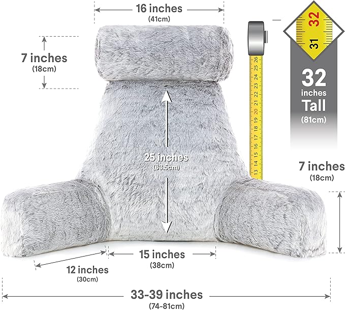 Husband Pillow XXL Rare Baby Arctic Grey Wolf Backrest, Two-Tone Reversible Double Sided Fabulous Faux Fur Reading & Bed Rest Pillow with Arms & Neck Roll, Adjustable Memory Foam - Extremely Comfy