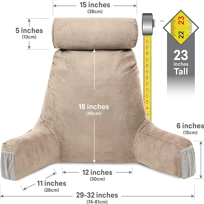 Husband Pillow Medium Aspen Edition Cowboy Taupe, Sit Up Reading & Bed Rest with Arms, Ultra-Comfy, Detach Neck Roll - Premium Shredded Memory Foam Backrest, Reverses to Micro: Suede or Plush