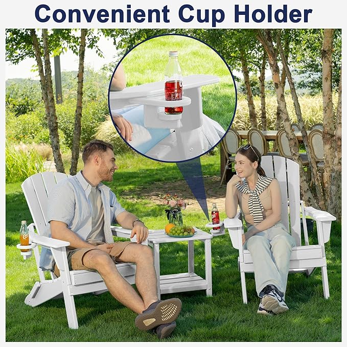 Plawdlik Folding Adirondack Chair, SGS Tested, Wooden Textured with Cup Holder, Heavy All-Weather HDPE Comfortable Set Poolside Backyard Lawn White Set 4