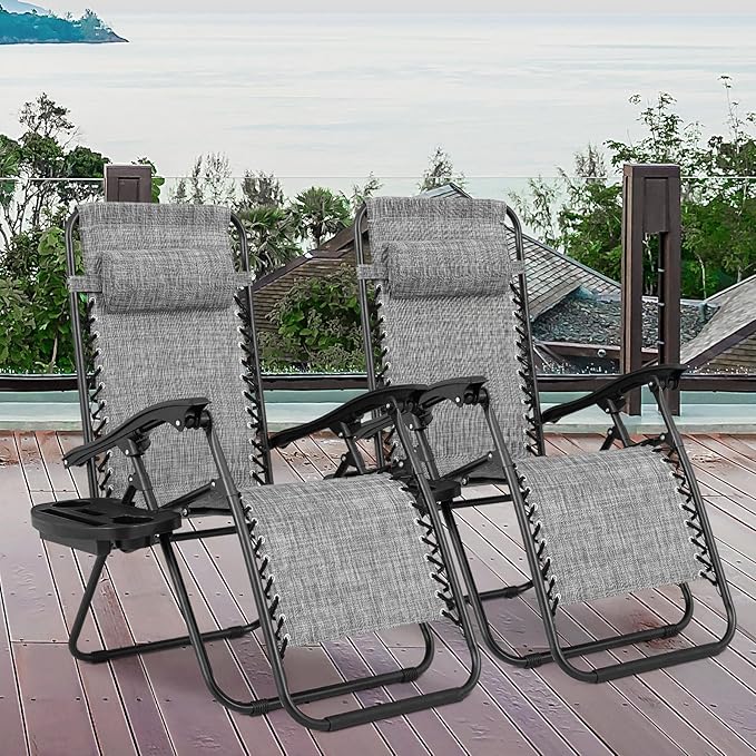 Athena Collection Zero Gravity Outdoor Lounge Chair Set of 2 with Cup Holder, 25" Width Pool Lounge Lawn Chairs Reclining, Outdoor Chaise for Beach Patio Backyard Outside, Dark Grey