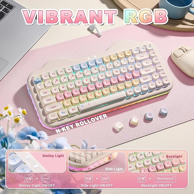 YUNZII C75 Wireless Mechanical Keyboard,75% Layout, Hot-Swappable NKRO,BT5.0/2.4G/USB-C Mode,Dye-Sub PBT MOA Keycaps,RGB Gasket Mount,Cute Cake Design for Mac/Win/Gaming (Beige, Milk V2 Switch)