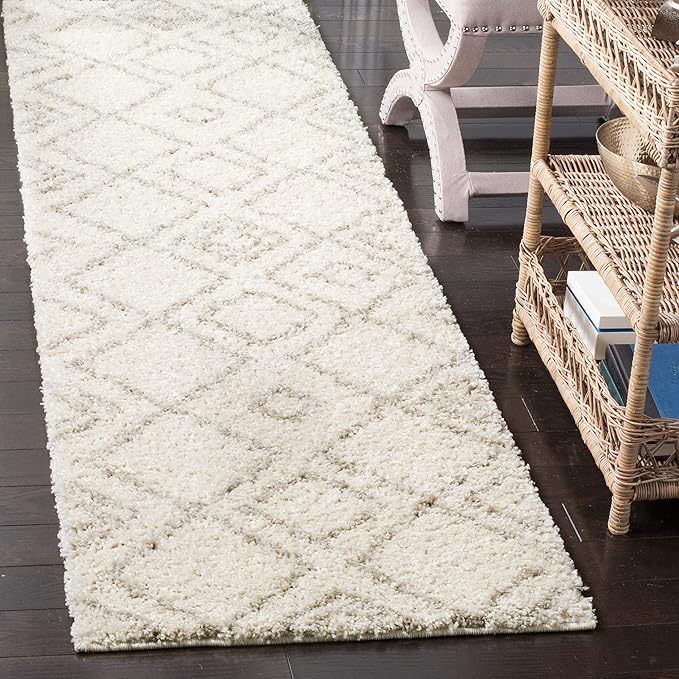 SAFAVIEH Arizona Shag Collection 2'3" x 14' Ivory/Beige ASG744A Moroccan Diamond Non-Shedding 1.6-inch Thick Living Room Dining Entryway Foyer Hallway Runner Rug