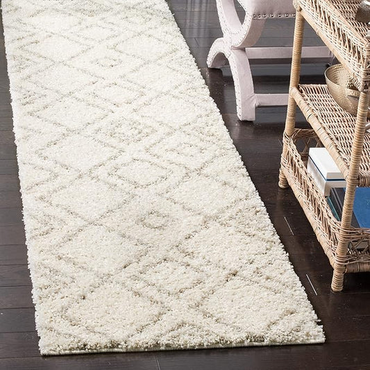 SAFAVIEH Arizona Shag Collection 2'3" x 14' Ivory/Beige ASG744A Moroccan Diamond Non-Shedding 1.6-inch Thick Living Room Dining Entryway Foyer Hallway Runner Rug