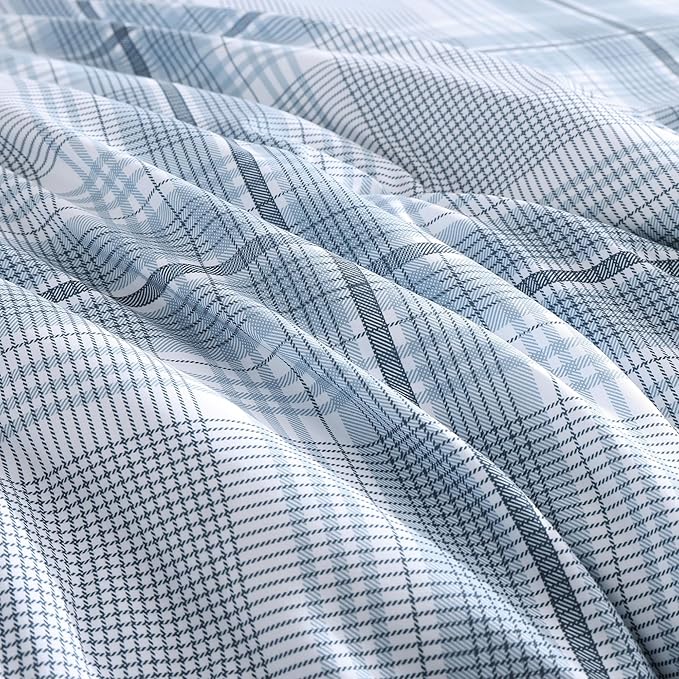 MaiRêve Plaid Queen Comforter Sets, Light Blue Grid Farmhouse Bedding Set Bed in A Bag, Classic Checkered Comforter Sets with Fitted & Flat Sheet, Pillowcases & Shams(Light Blue, 90"x90")